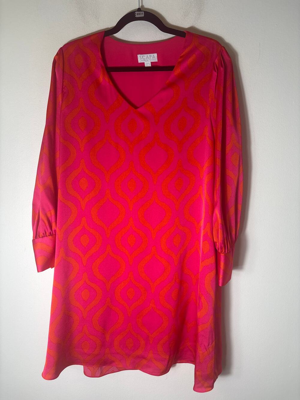 SCAPA Lauren Perre Hot Pink Orange Long Sleeve Trapeze Dress Sz M